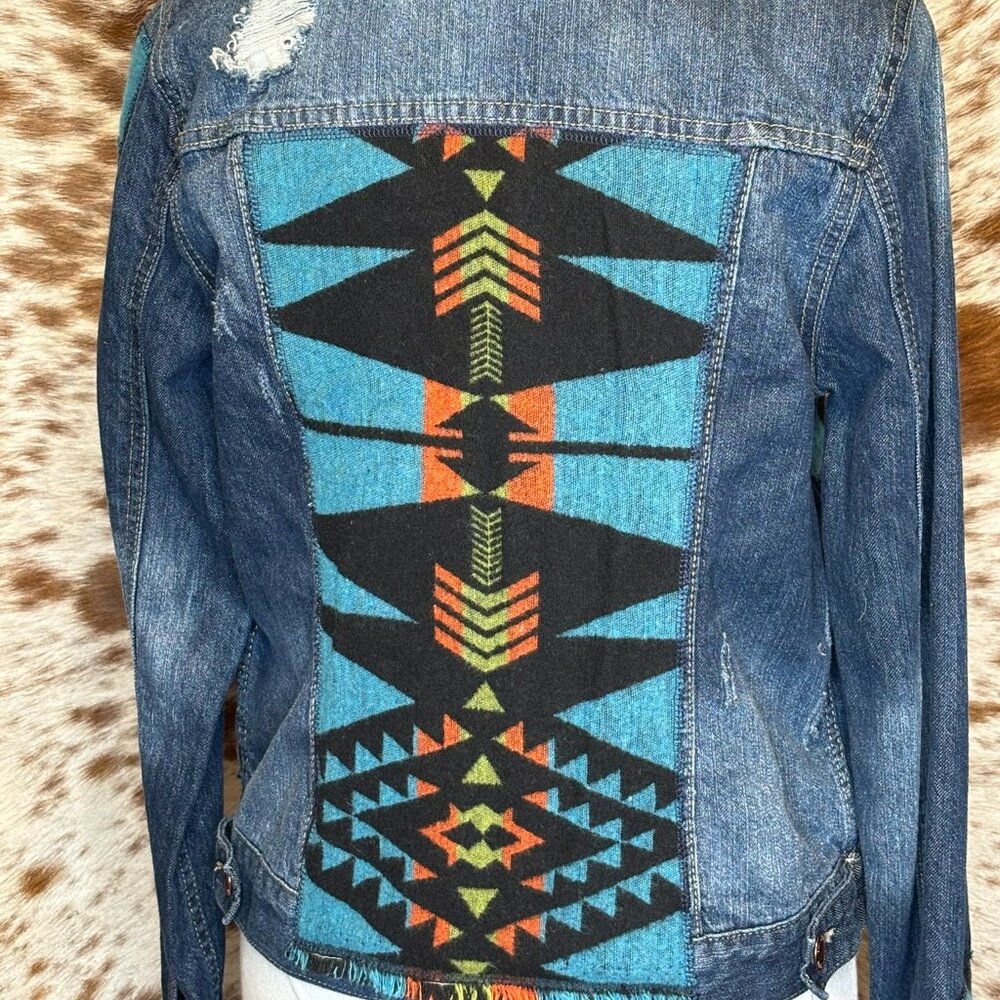 OOAK UpCycled Western Jean Jacket Teal & Black Pendleton wool in Aztec print - M
